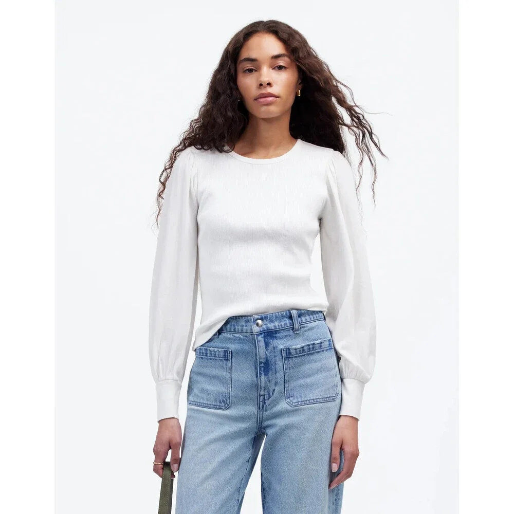 Madewell NU768 Top Womens Small White Cotton Ribbed Puff Sleeve Crew Neck RED101